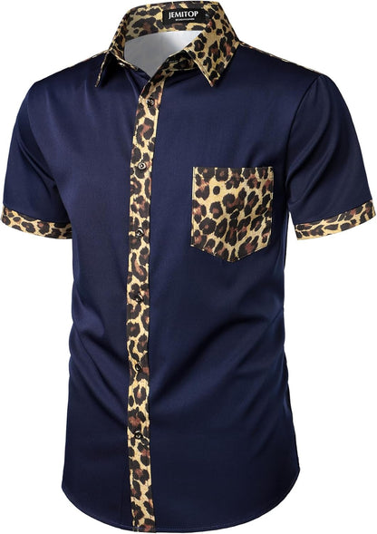 JEMITOP Men's Stretchy Causal Leopard Cheetah Print Short Sleeve Slim Fit Button Up Shirt