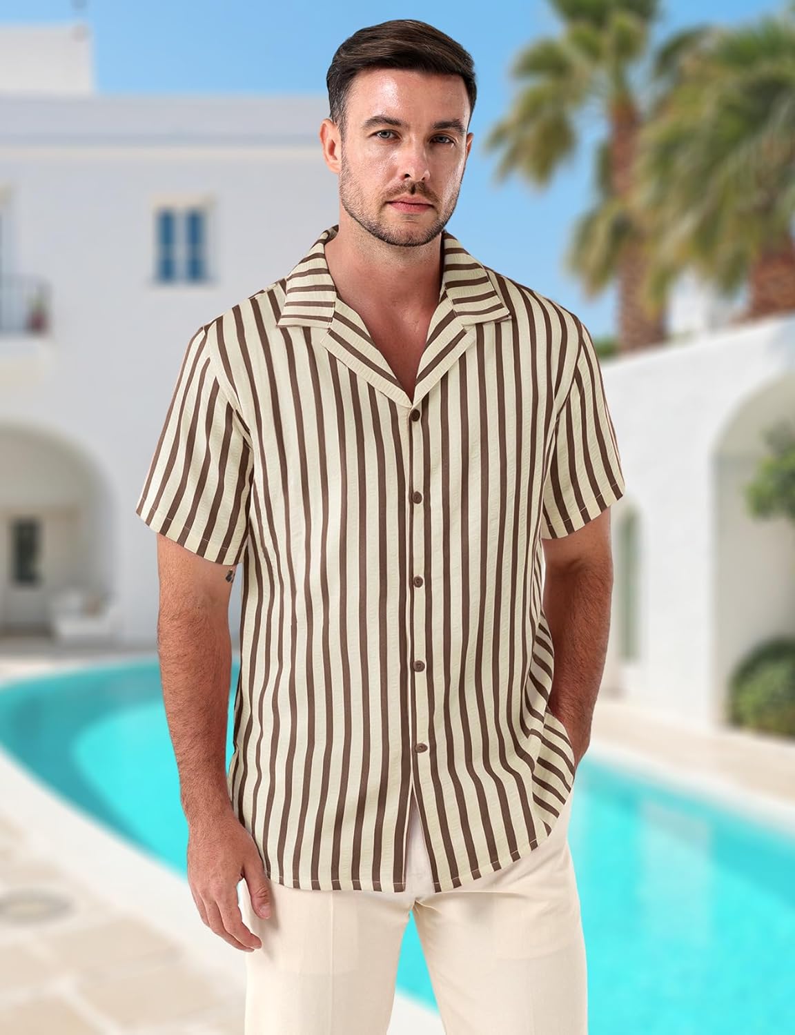 JEMITOP Men's Classic Striped Seersucker Cuban Collar Shirt Short Sleeve Button Down Texture Shirts for Beach Vacation
