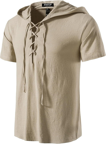 JEMITOP Men's Cotton Vintage Hooded Design Short Sleeve Lace up Shirts for Renaissance Pirate Viking Medieval Costume