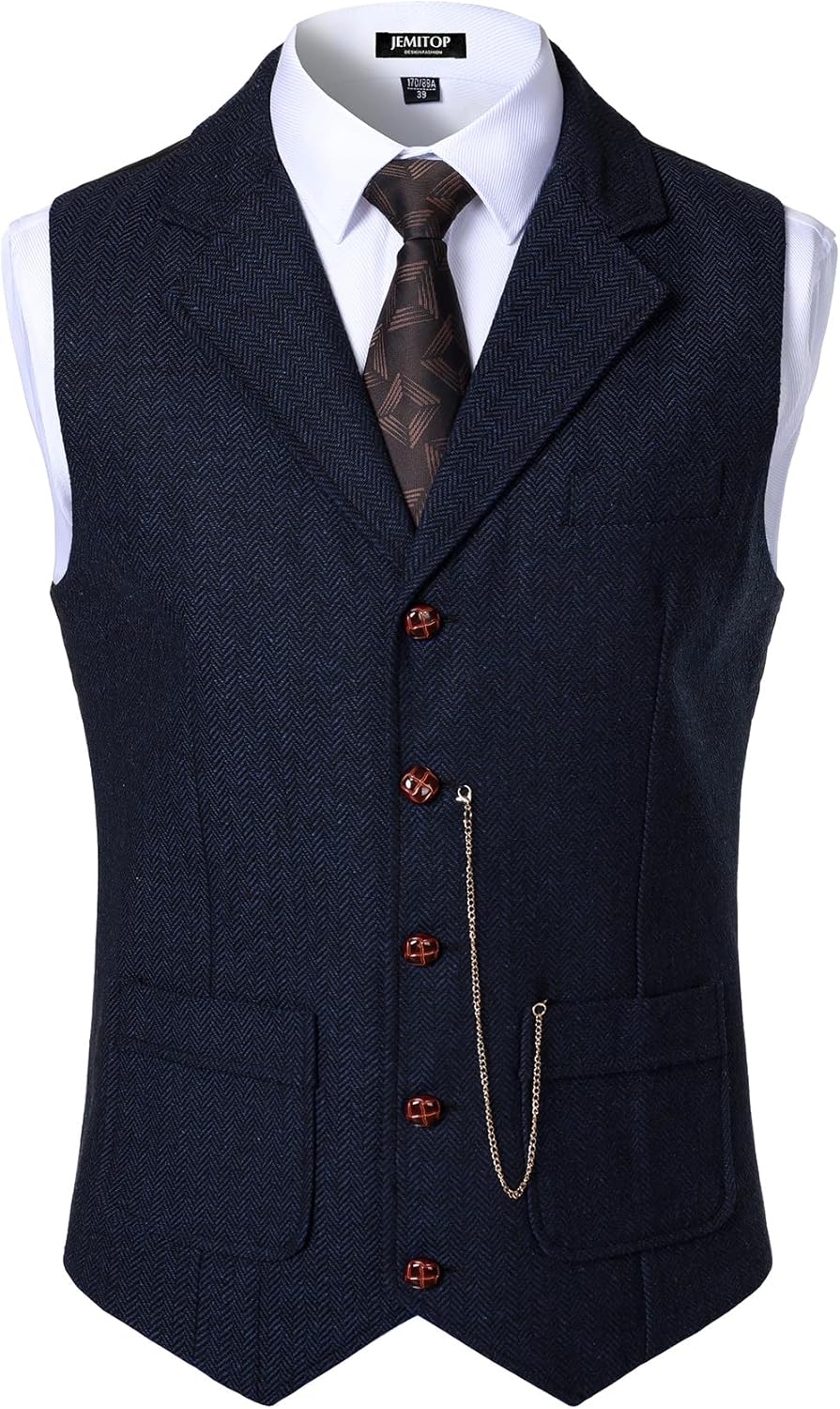 JEMITOP Men's Vintage Slim Fit Suit Vest Formal Prom Party Herringbone Pattern Waistcoat with Chain Detail