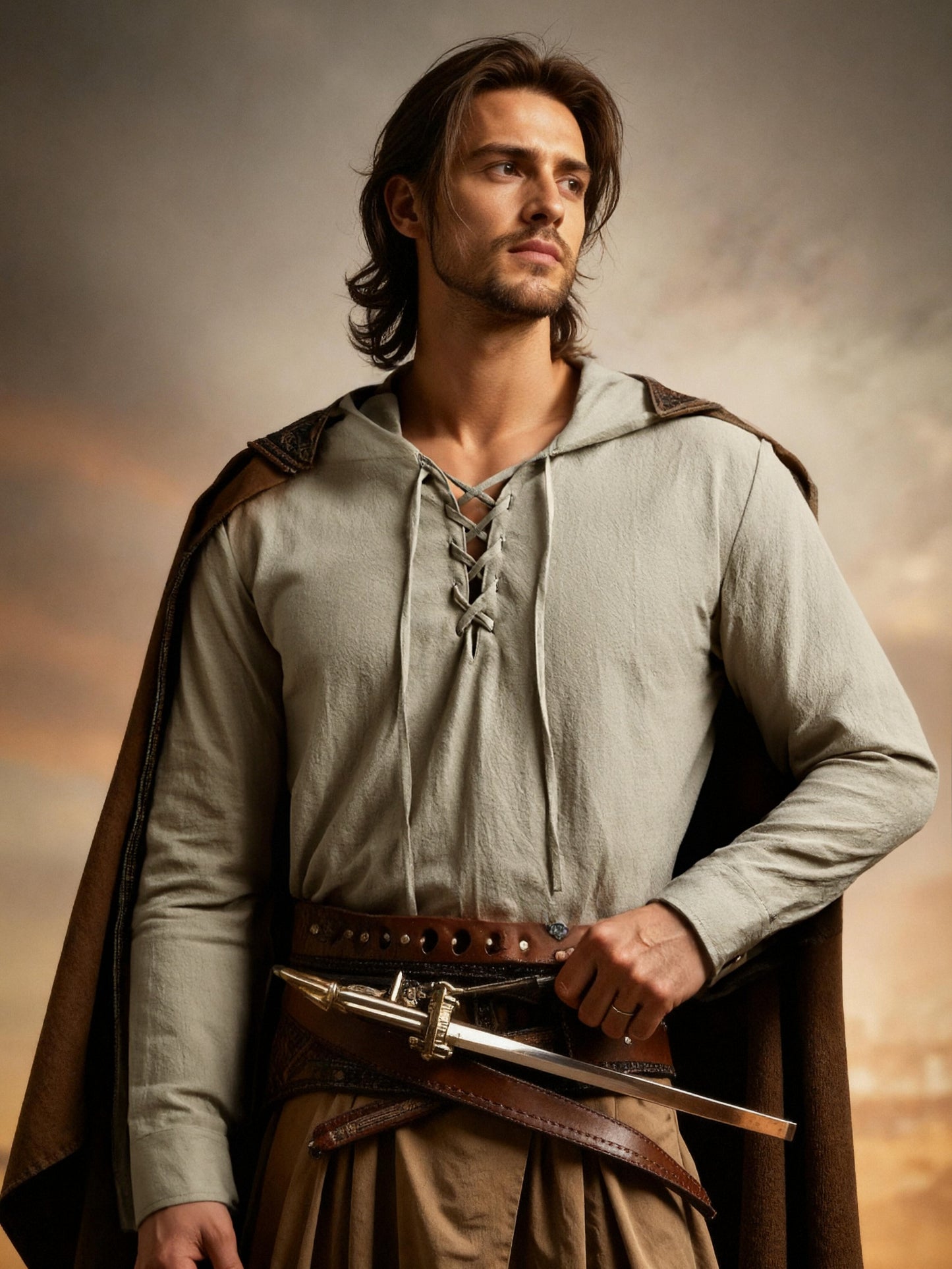 JEMITOP Men's Pure Cotton Retro Style Lace Up Hooded Shirts for Renaissance Pirate Viking Medieval Costume
