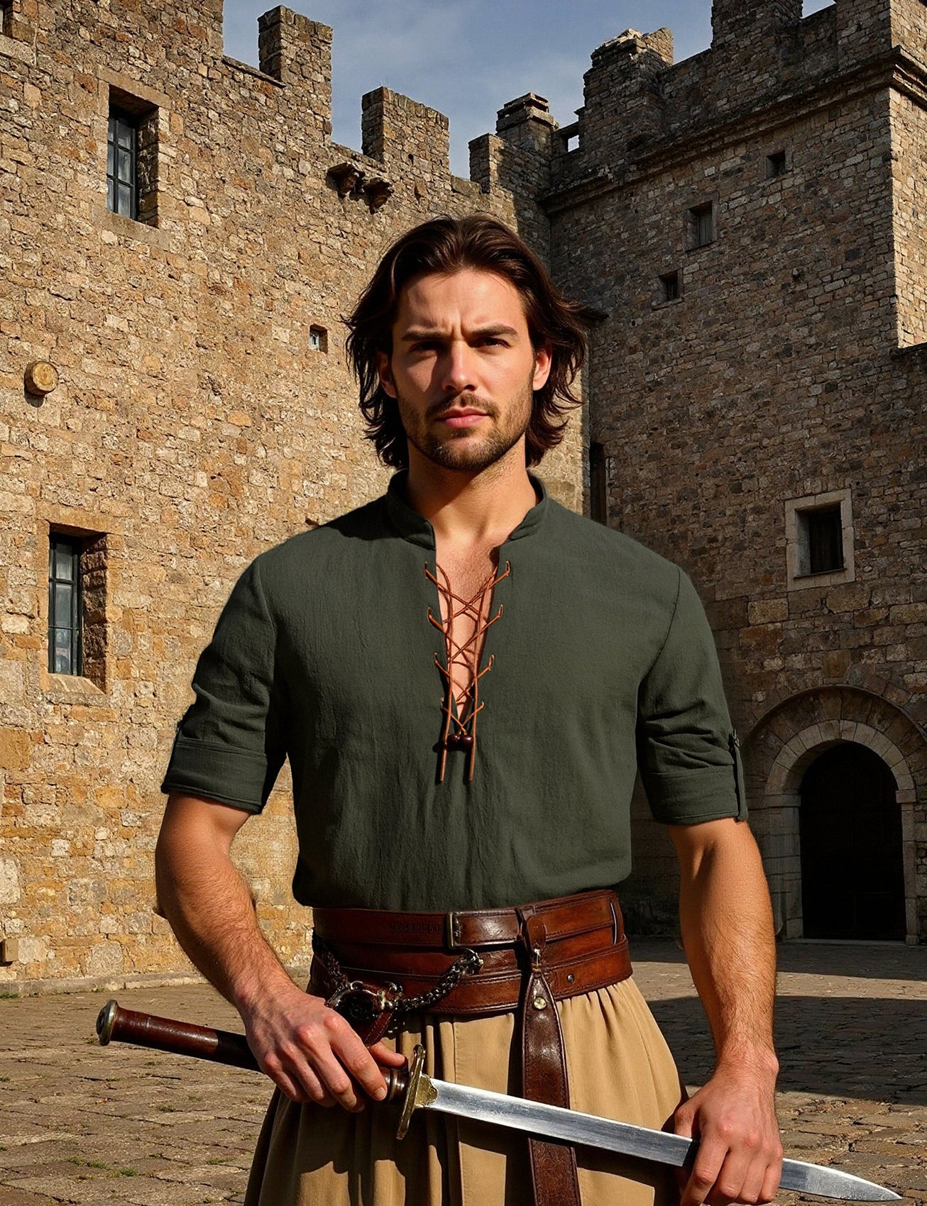 JEMITOP Men's Cotton Long Sleeve Lace Up Vintage Shirts for Renaissance Pirate Viking Medieval Costume