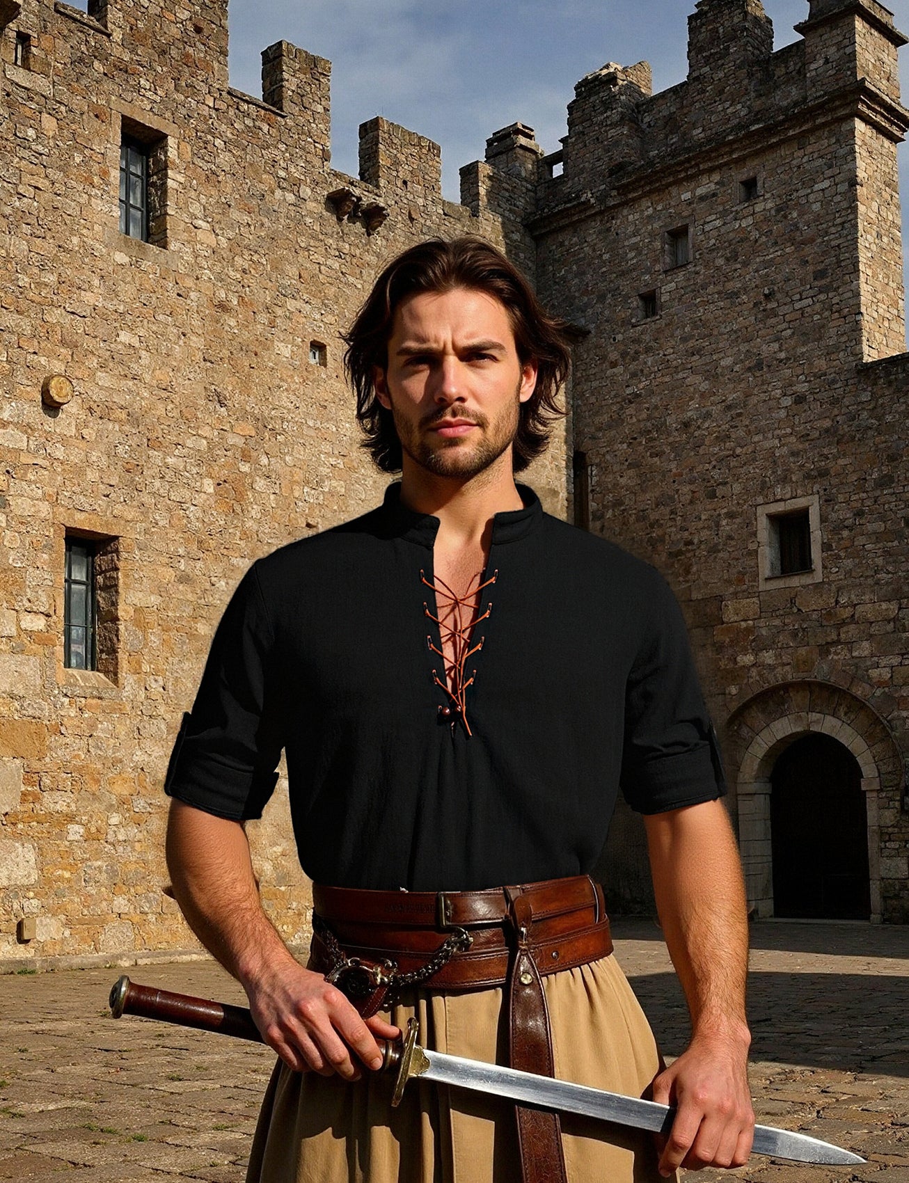 JEMITOP Men's Cotton Long Sleeve Lace Up Vintage Shirts for Renaissance Pirate Viking Medieval Costume