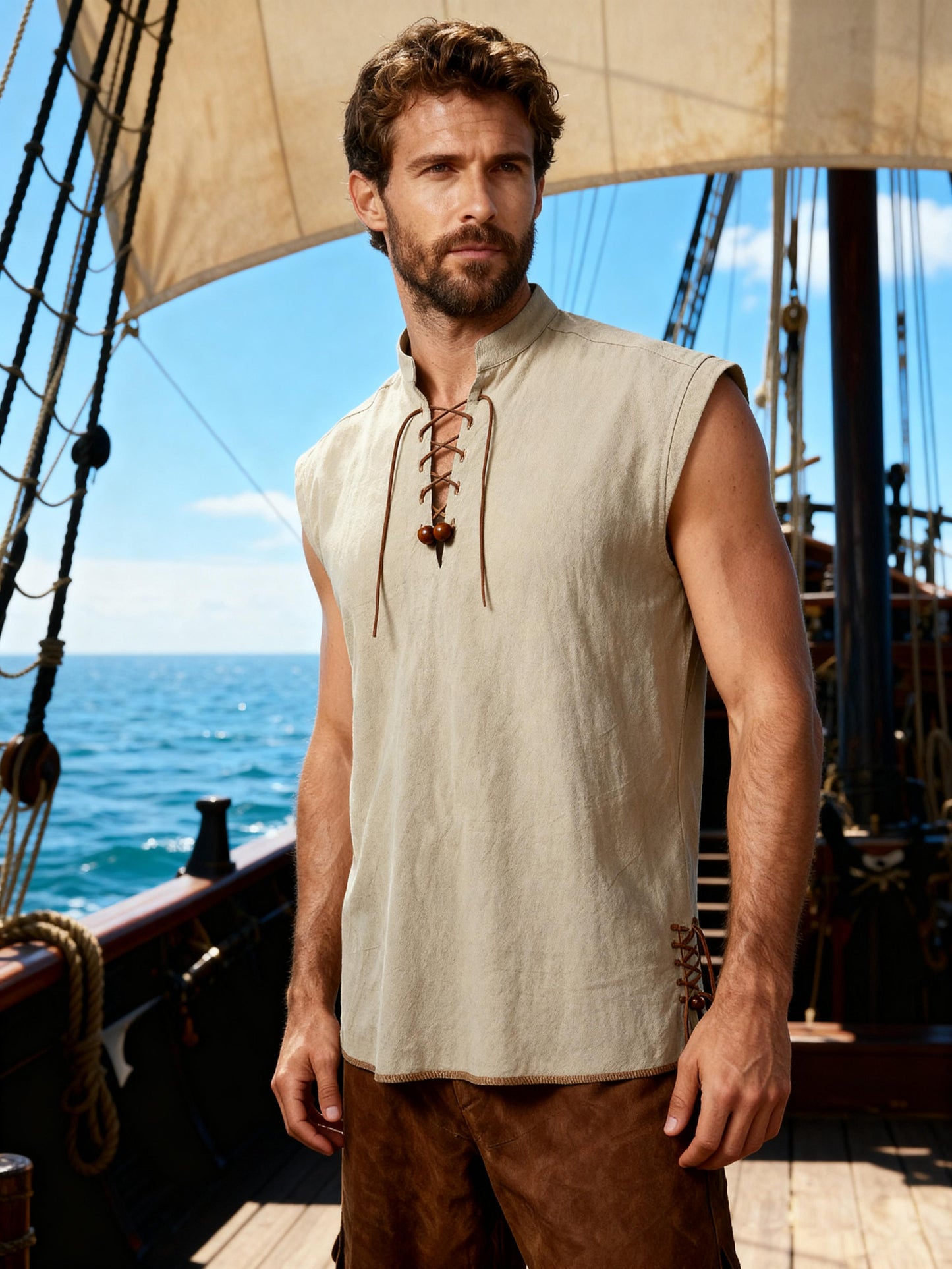 JEMITOP Men's Retro Pure Cotton Lace Up Sleeveless Shirts for Pirate Renaissance Medieval Viking Costume