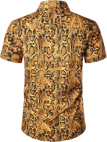 JEMITOP Men's Stretchy Causal Leopard Cheetah Print Short Sleeve Slim Fit Button Up Shirt