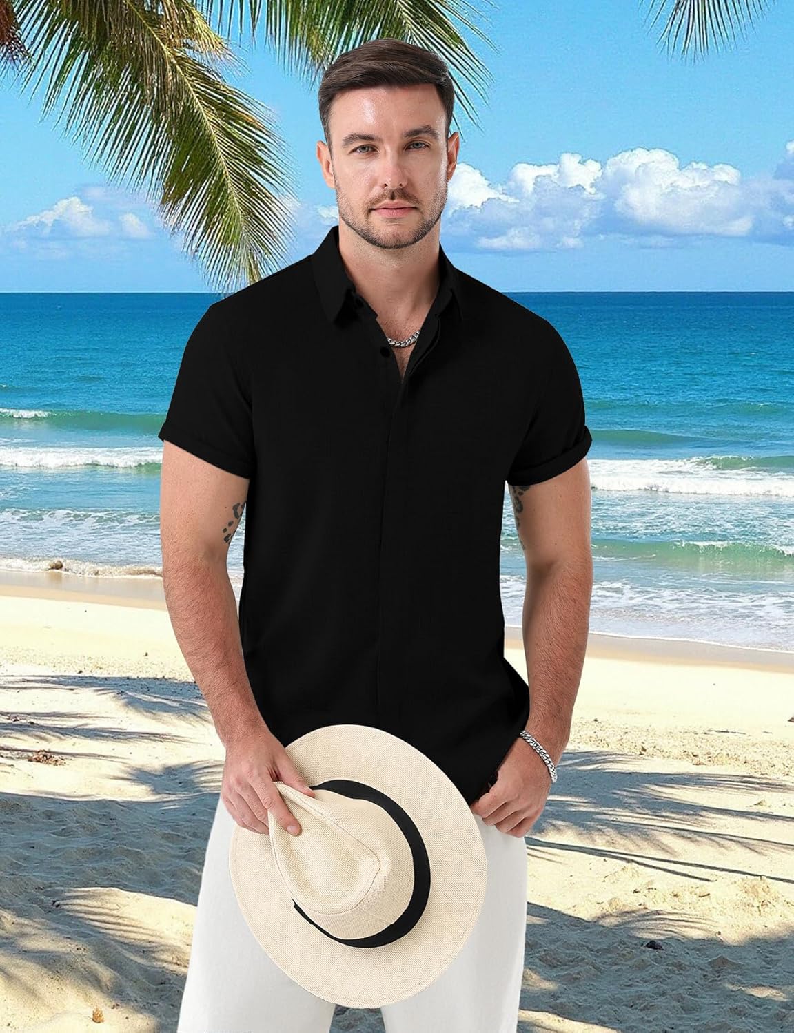 JEMITOP Men's Stretch Like Linen Short Sleeve Button Down Shirts Summer Casual Beach Vacation Wedding Texture Shirt