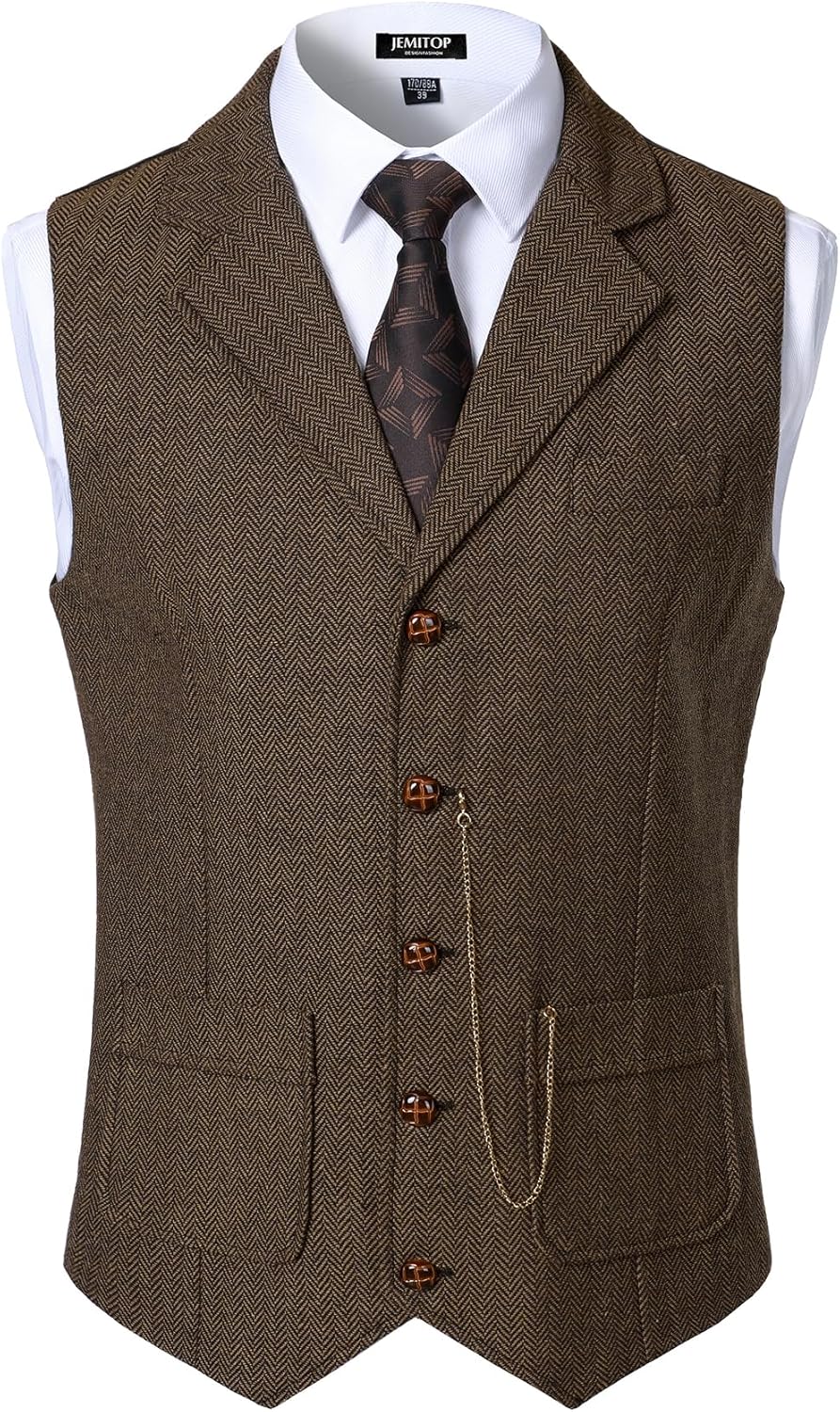 JEMITOP Men's Vintage Slim Fit Suit Vest Formal Prom Party Herringbone Pattern Waistcoat with Chain Detail