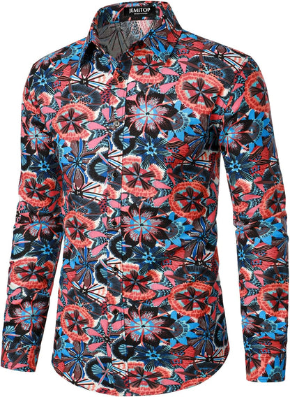 JEMITOP Men's Cotton Linen Vintage 70s Hippie Pattern Printed Long Sleeve Button Down Shirts for Disco Party