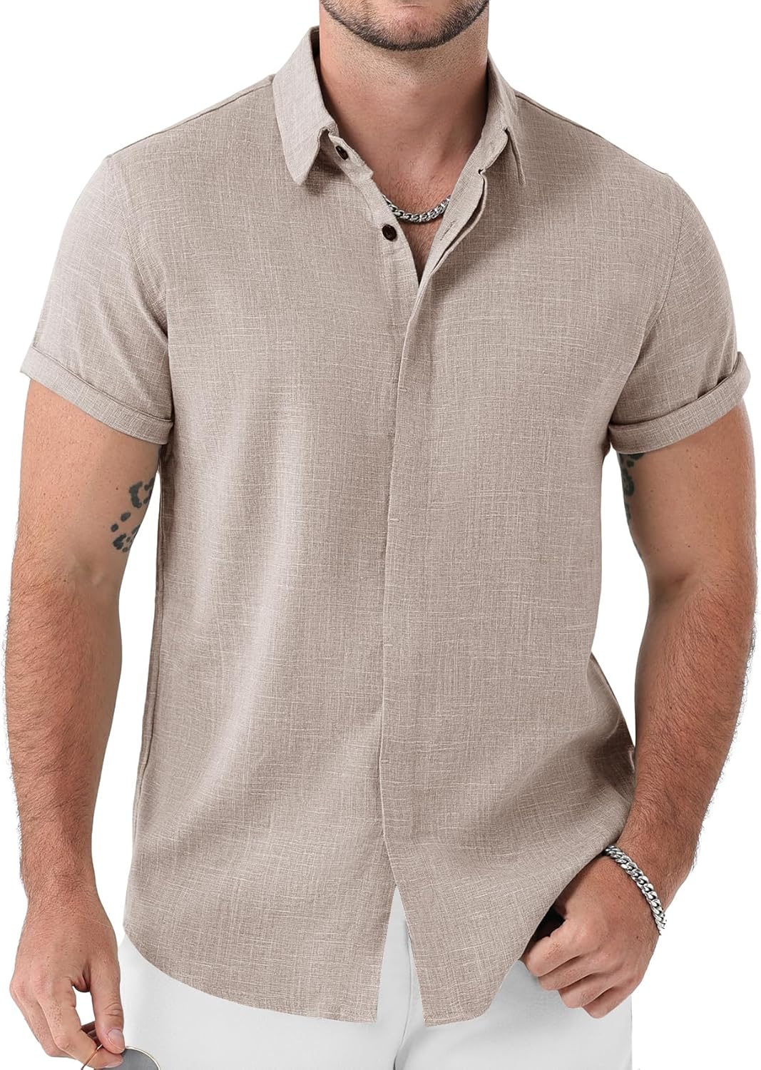 JEMITOP Men's Stretch Like Linen Short Sleeve Button Down Shirts Summer Casual Beach Vacation Wedding Texture Shirt