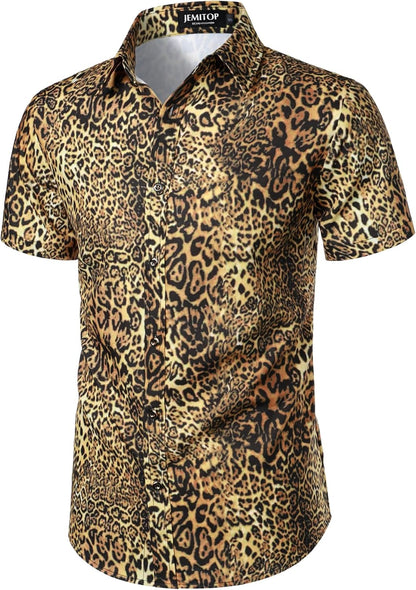 JEMITOP Men's Stretchy Causal Leopard Cheetah Print Short Sleeve Slim Fit Button Up Shirt
