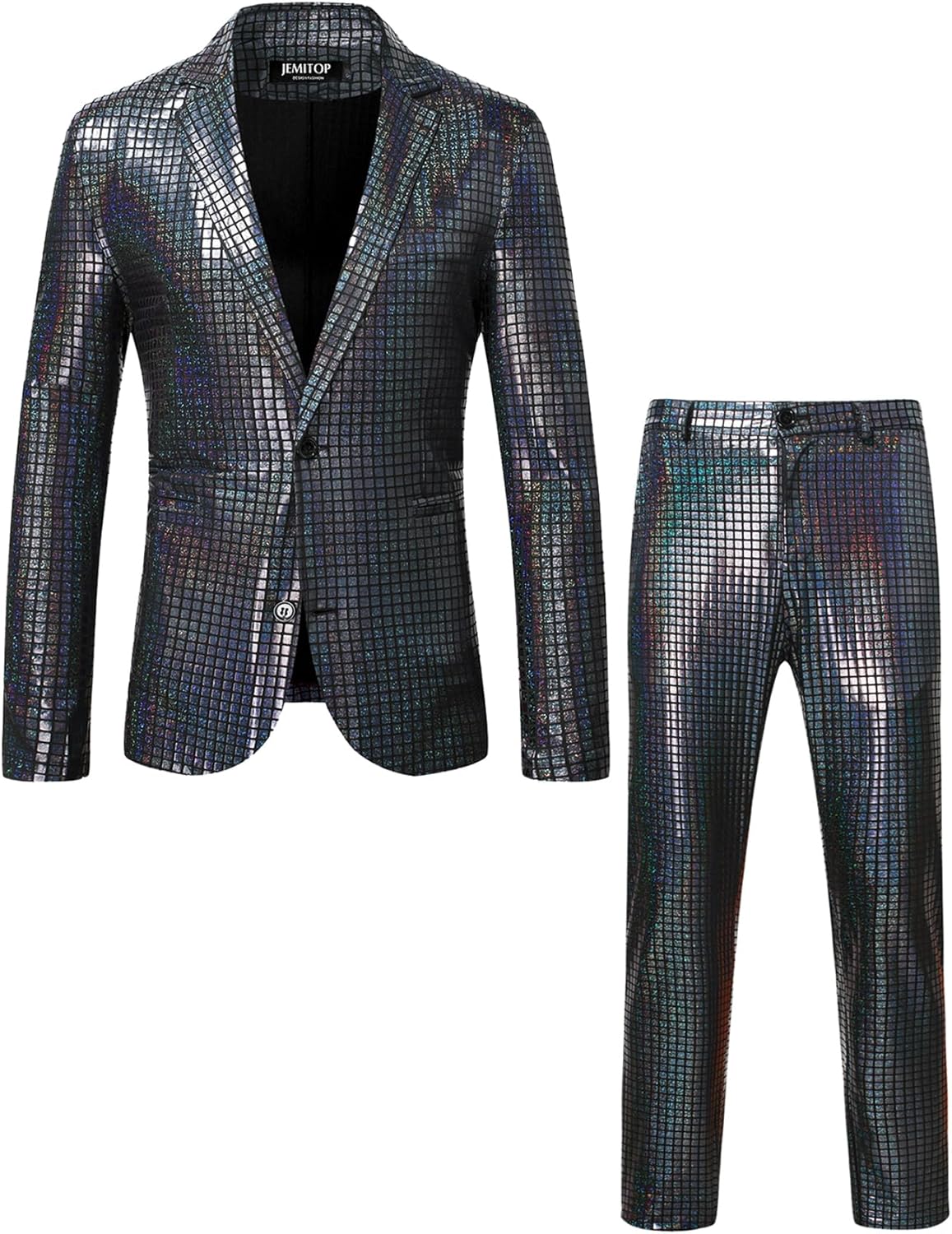 JEMITOP Men's 70s Disco 2 Piece Set Stretchy Shiny Suits Sequin Jacket and Pants