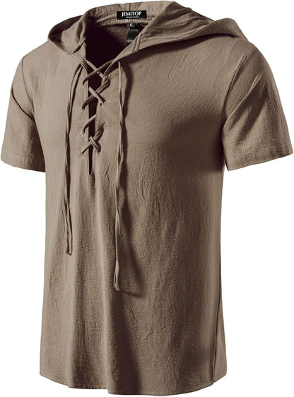 JEMITOP Men's Cotton Vintage Hooded Design Short Sleeve Lace up Shirts for Renaissance Pirate Viking Medieval Costume