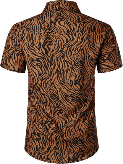 JEMITOP Men's Stretchy Causal Leopard Cheetah Print Short Sleeve Slim Fit Button Up Shirt