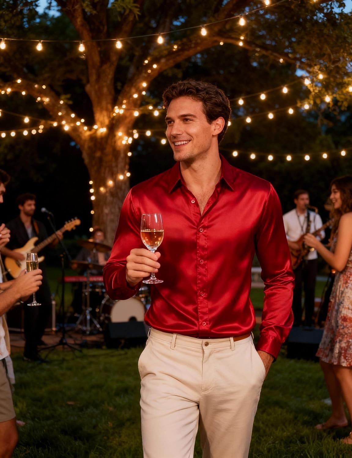 JEMITOP Mens Shiny Luxury Satin Slim Fit Dress Shirts Silk-Like Glossy Long Sleeve Button Down Shirts for Wedding Party Prom