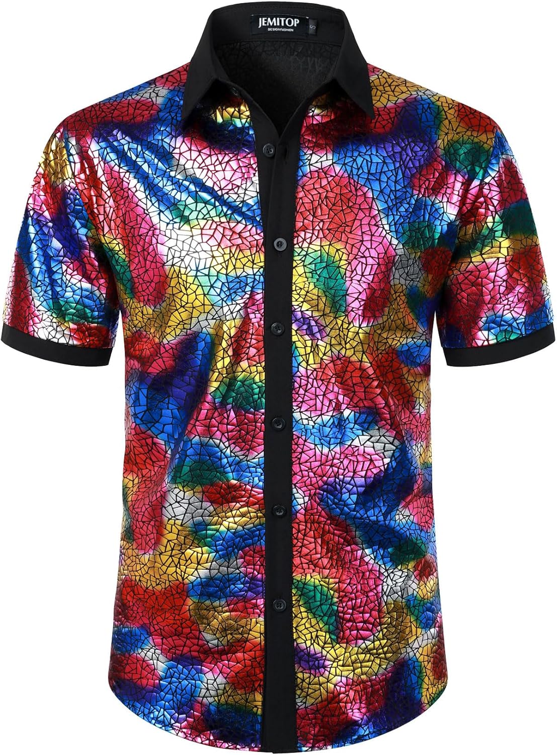 JEMITOP Men's Shiny Metallic Sequin Stretchy Short Sleeve Button Down Shirts for 70s Disco Party Halloween