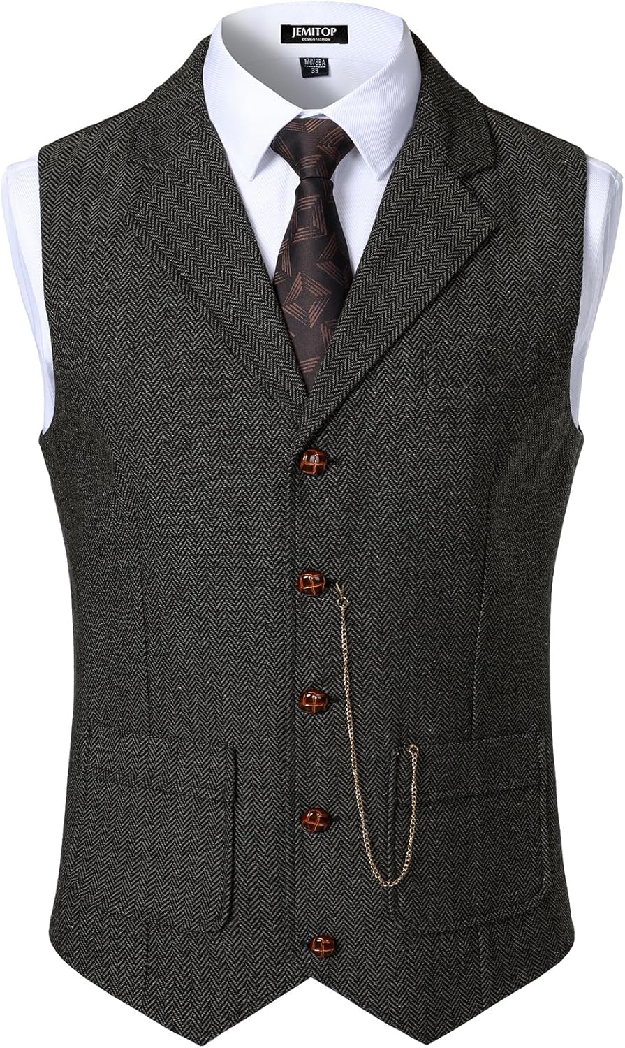JEMITOP Men's Vintage Slim Fit Suit Vest Formal Prom Party Herringbone Pattern Waistcoat with Chain Detail