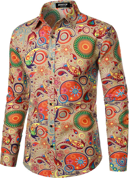 JEMITOP Men's Cotton Linen Vintage 70s Hippie Pattern Printed Long Sleeve Button Down Shirts for Disco Party