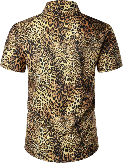 JEMITOP Men's Stretchy Causal Leopard Cheetah Print Short Sleeve Slim Fit Button Up Shirt