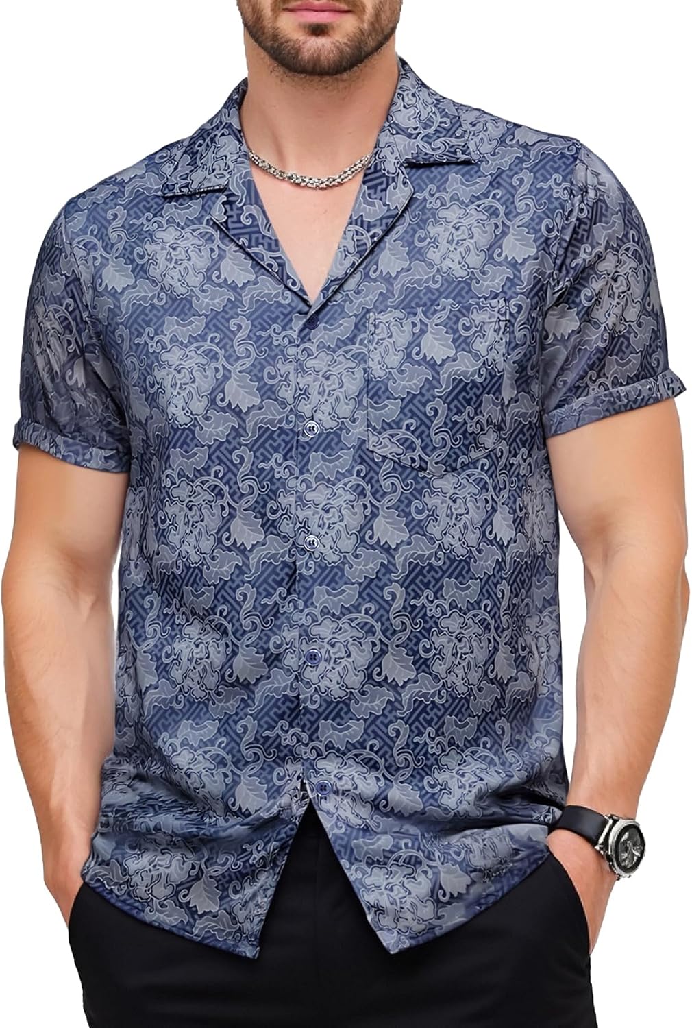 JEMITOP Mens Shiny Satin Silk-Like Designer Shirt Summer Regular Fit Short Sleeve Button Up Floral Shirt with Pocket