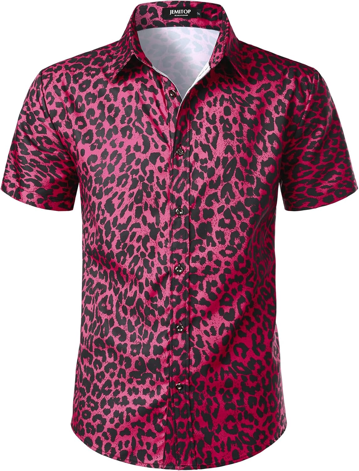 JEMITOP Men's Stretchy Causal Leopard Cheetah Print Short Sleeve Slim Fit Button Up Shirt