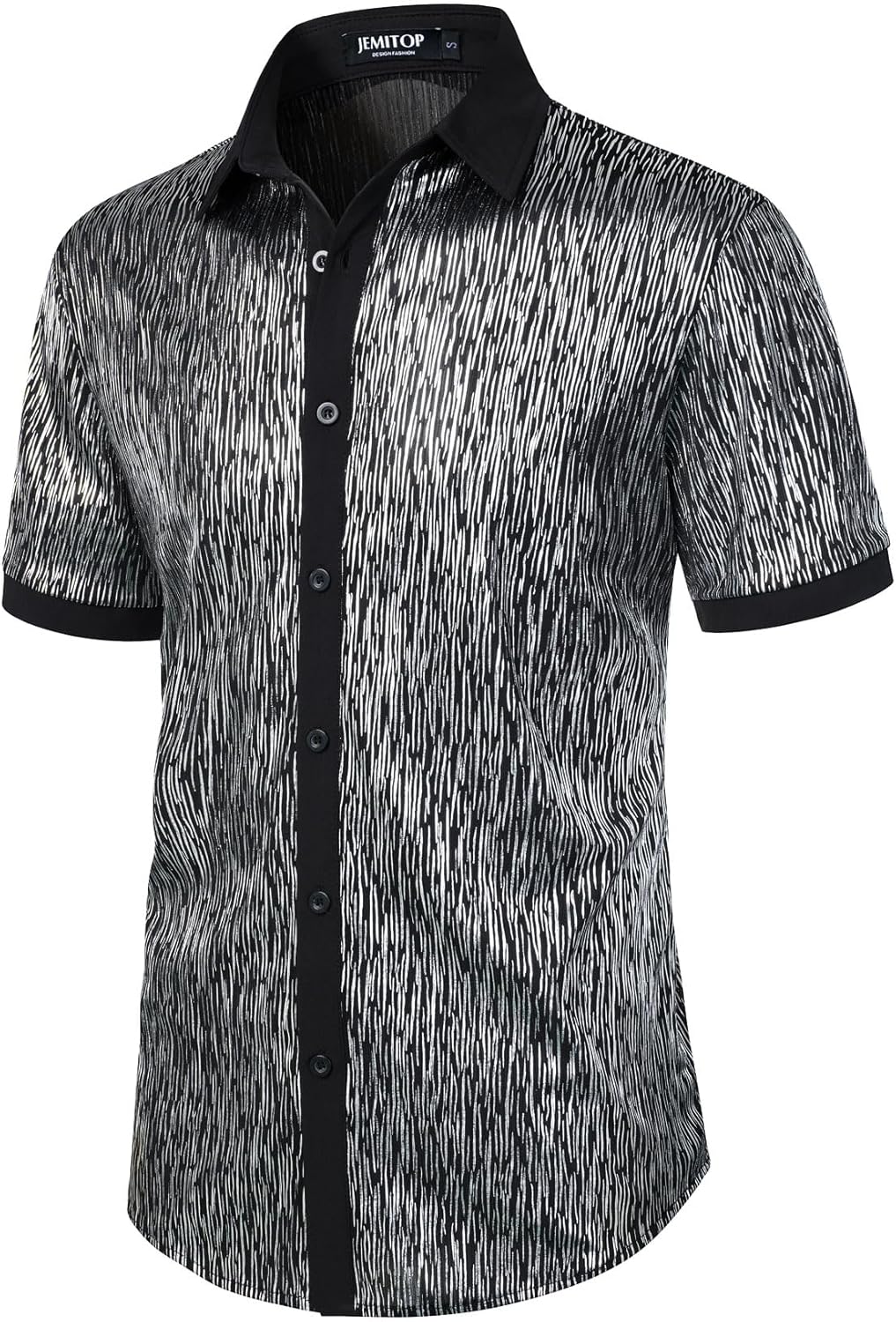 JEMITOP Men's Shiny Metallic Sequin Stretchy Short Sleeve Button Down Shirts for 70s Disco Party Halloween