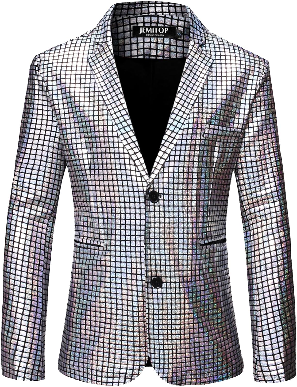 JEMITOP Men's 70s Disco 2 Piece Set Stretchy Shiny Suits Sequin Jacket and Pants