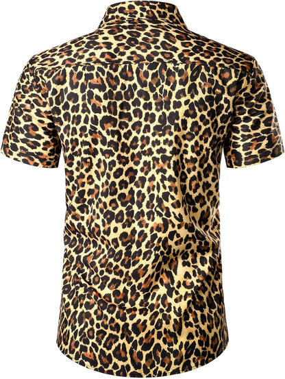 JEMITOP Men's Stretchy Causal Leopard Cheetah Print Short Sleeve Slim Fit Button Up Shirt