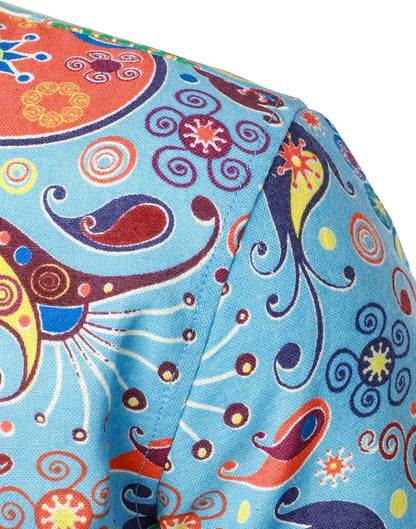 JEMITOP Men's Cotton Linen Vintage 70s Hippie Pattern Printed Long Sleeve Button Down Shirts for Disco Party