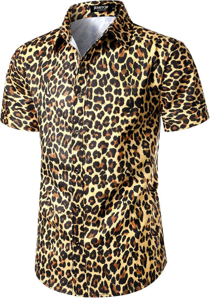 JEMITOP Men's Stretchy Causal Leopard Cheetah Print Short Sleeve Slim Fit Button Up Shirt