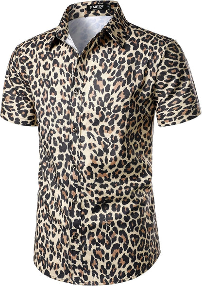 JEMITOP Men's Stretchy Causal Leopard Cheetah Print Short Sleeve Slim Fit Button Up Shirt