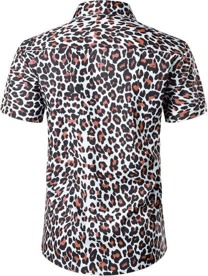 JEMITOP Men's Stretchy Causal Leopard Cheetah Print Short Sleeve Slim Fit Button Up Shirt