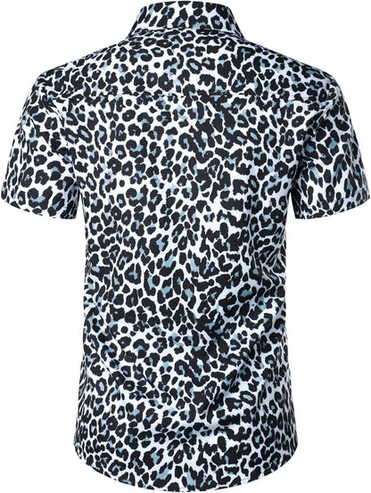 JEMITOP Men's Stretchy Causal Leopard Cheetah Print Short Sleeve Slim Fit Button Up Shirt