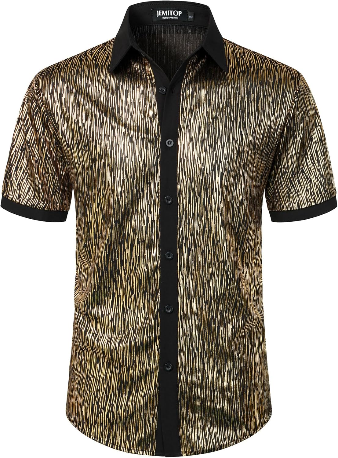 JEMITOP Men's Shiny Metallic Sequin Stretchy Short Sleeve Button Down Shirts for 70s Disco Party Halloween