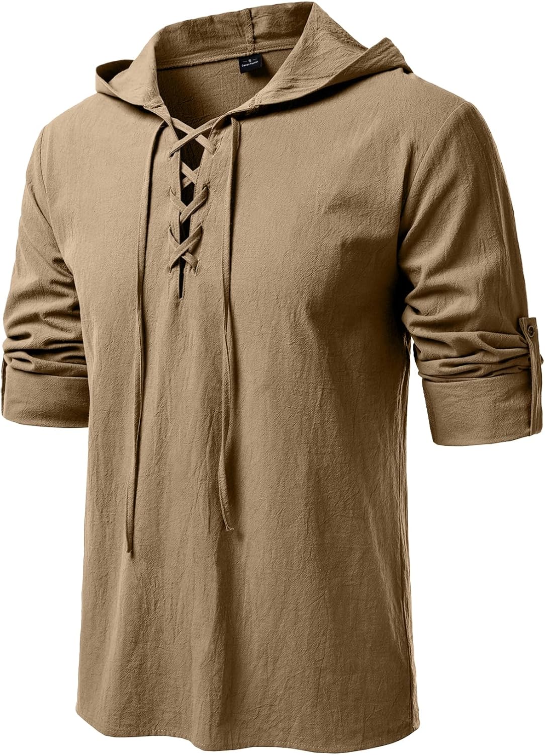 JEMITOP Men's Pure Cotton Retro Style Lace Up Hooded Shirts for Renaissance Pirate Viking Medieval Costume