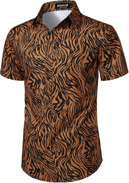 JEMITOP Men's Stretchy Causal Leopard Cheetah Print Short Sleeve Slim Fit Button Up Shirt