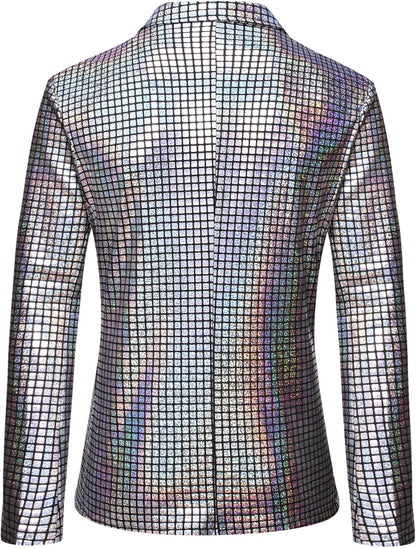 JEMITOP Men's 70s Disco 2 Piece Set Stretchy Shiny Suits Sequin Jacket and Pants