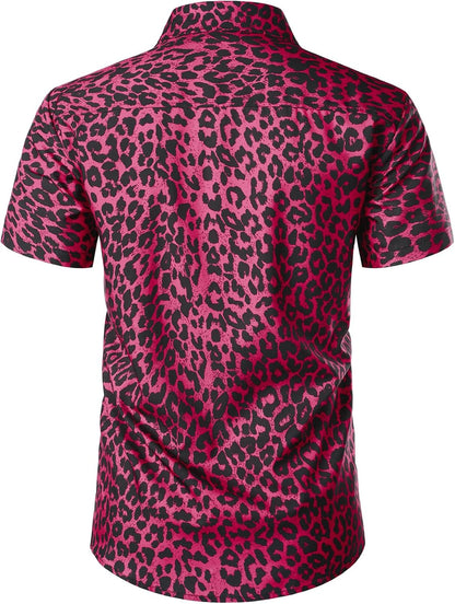 JEMITOP Men's Stretchy Causal Leopard Cheetah Print Short Sleeve Slim Fit Button Up Shirt