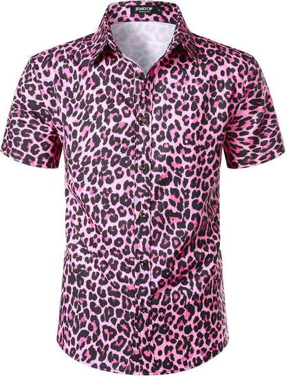 JEMITOP Men's Stretchy Causal Leopard Cheetah Print Short Sleeve Slim Fit Button Up Shirt