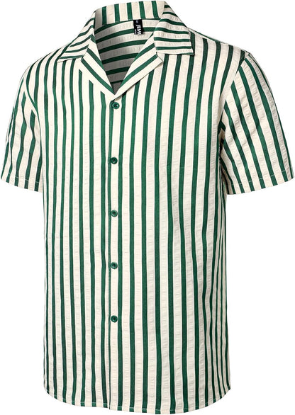 JEMITOP Herren-Hemd mit klassischem Streifenmuster und kubanischem Kragen, Button-Down-Hemd, leichtes, kurzärmeliges Strukturhemd für den Strandurlaub 