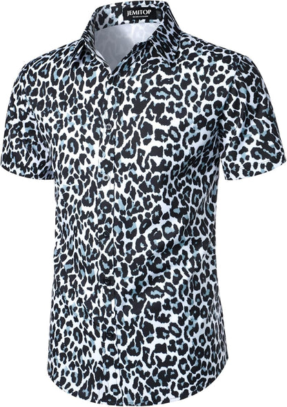 JEMITOP Men's Stretchy Causal Leopard Cheetah Print Short Sleeve Slim Fit Button Up Shirt
