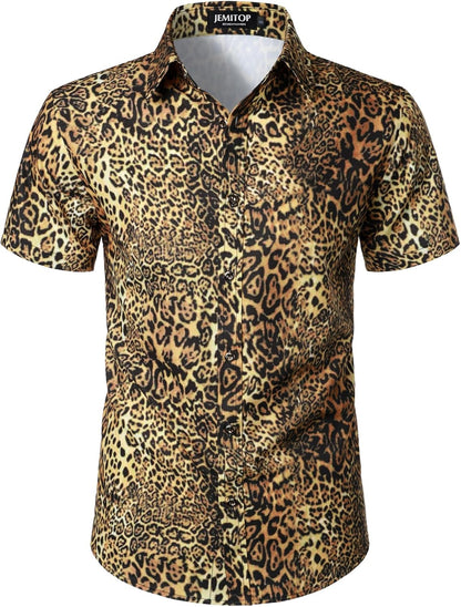 JEMITOP Men's Stretchy Causal Leopard Cheetah Print Short Sleeve Slim Fit Button Up Shirt