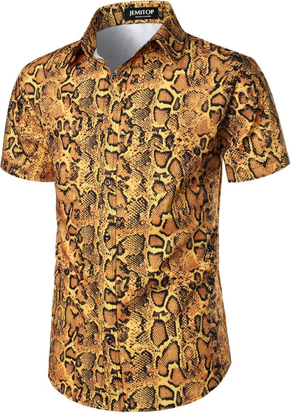 JEMITOP Men's Stretchy Causal Leopard Cheetah Print Short Sleeve Slim Fit Button Up Shirt