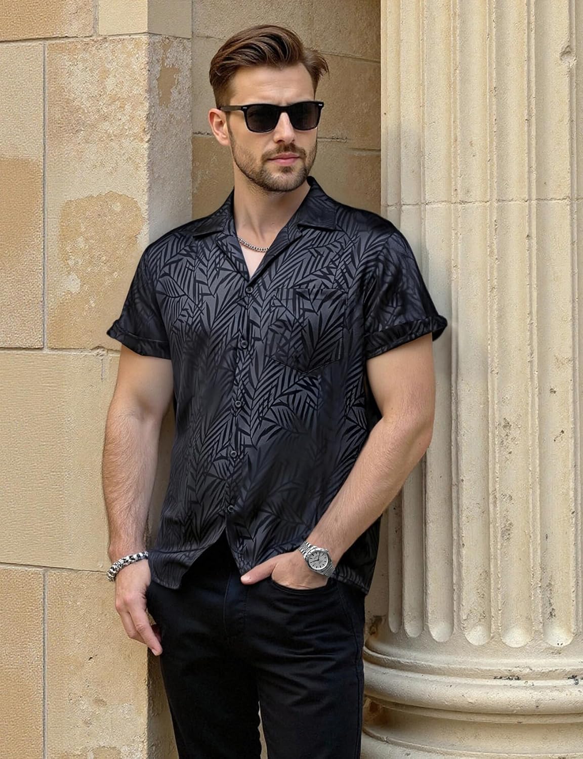 JEMITOP Mens Shiny Satin Silk-Like Designer Shirt Summer Regular Fit Short Sleeve Button Up Floral Shirt with Pocket