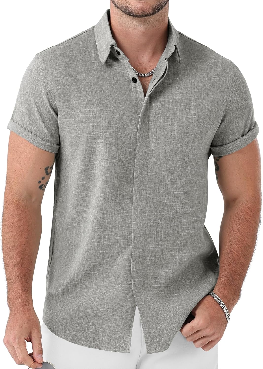 JEMITOP Men's Stretch Like Linen Short Sleeve Button Down Shirts Summer Casual Beach Vacation Wedding Texture Shirt