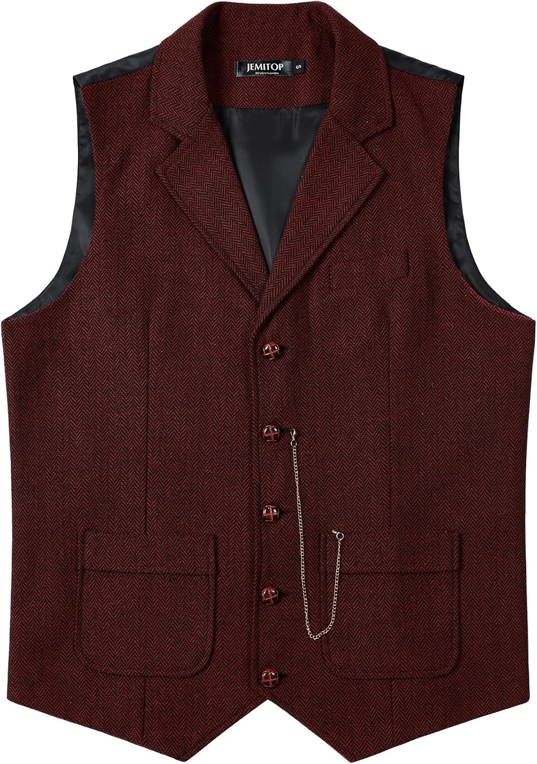 JEMITOP Men's Vintage Slim Fit Suit Vest Formal Prom Party Herringbone Pattern Waistcoat with Chain Detail