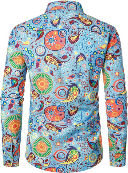 JEMITOP Men's Cotton Linen Vintage 70s Hippie Pattern Printed Long Sleeve Button Down Shirts for Disco Party