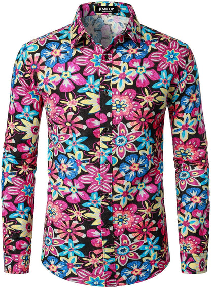 JEMITOP Men's Cotton Linen Vintage 70s Hippie Pattern Printed Long Sleeve Button Down Shirts for Disco Party
