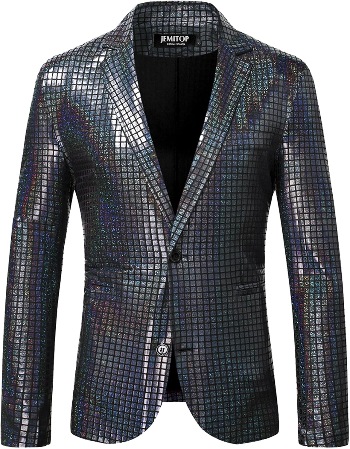 JEMITOP Men's 70s Disco 2 Piece Set Stretchy Shiny Suits Sequin Jacket and Pants