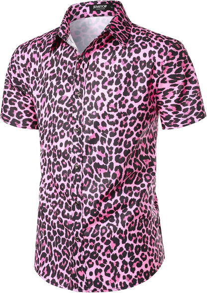 JEMITOP Men's Stretchy Causal Leopard Cheetah Print Short Sleeve Slim Fit Button Up Shirt