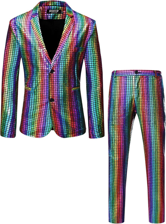 JEMITOP Men's 70s Disco 2 Piece Set Stretchy Shiny Suits Sequin Jacket and Pants